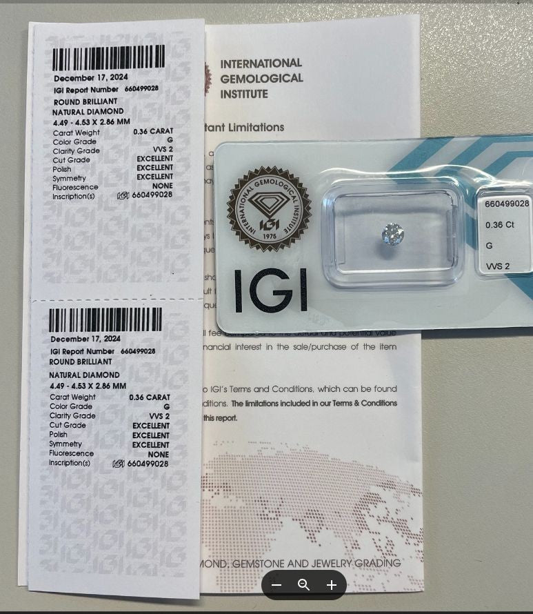 NL* DIAMANTE NATURALE Certificato IGI 0.36 CARATI Colore G VVS2 TRIPLA Excellent
