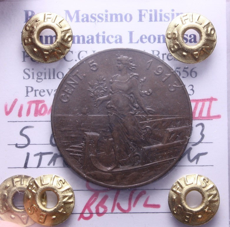 NL*VEIII Italia 5 CENTESIMI ITALIA SU PRORA 1913 BB/SPL Perizia Filisina Massimo