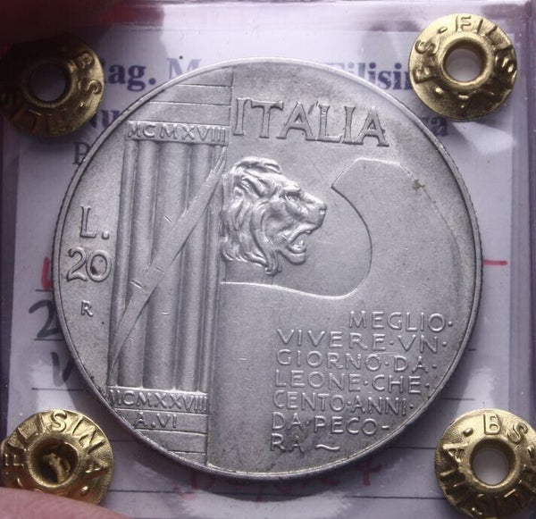 NL* VEIII 20 Lire Silver HELMET 1928 RARE AU/AU+ Filisina Massimo Appraisal