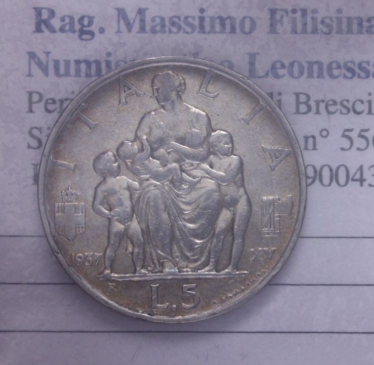 NL* VEIII 5 LIRE ARGENTO FECONDITA' 1937 XV RARA Eccellente conservazione * 1