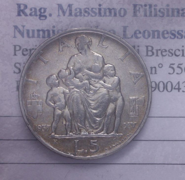 NL* VEIII 5 LIRE ARGENTO FECONDITA' 1937 XV RARA Eccellente conservazione * 1