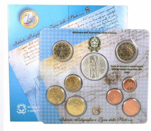 NL* ITALIA Divisionale 2003 9 Valori con 5 EURO ARGENTO FDC Set zecca