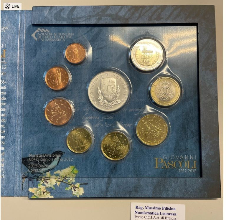 NL* SAN MARINO DIVISIONALE 2012 G. PASCOLI 9 Valori con Argento FDC set zecca
