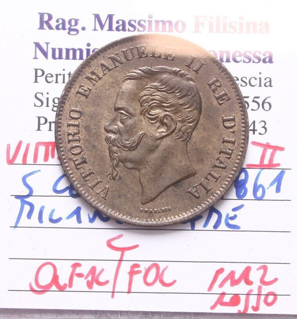 NL* VEII 5 CENTESIMI COPPER 1861 MILAN Q.UNC/UNC Part. Red Filisina Report