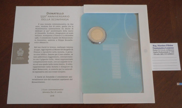 NL* Repubblica SAN MARINO 2 Euro 2016 550° ANNIVERSARIO DONATELLO FDC set zecca