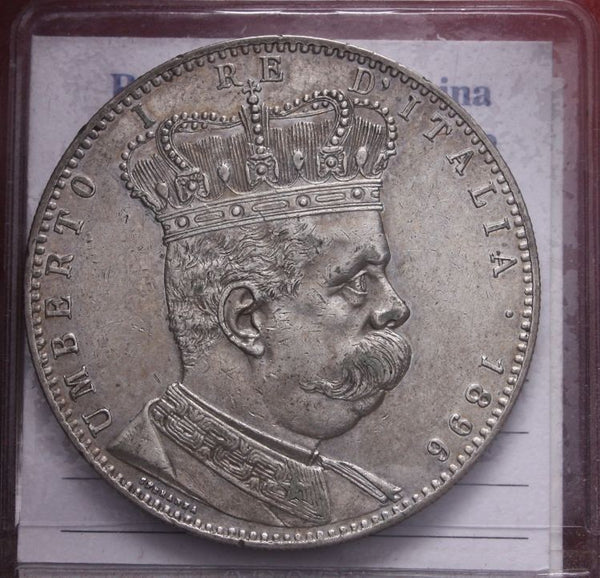 NL* UMBERTO I ERITREA TALLERO 5 Lire Argento 1896 R2 QSPL/SPL Perizia Filisina M