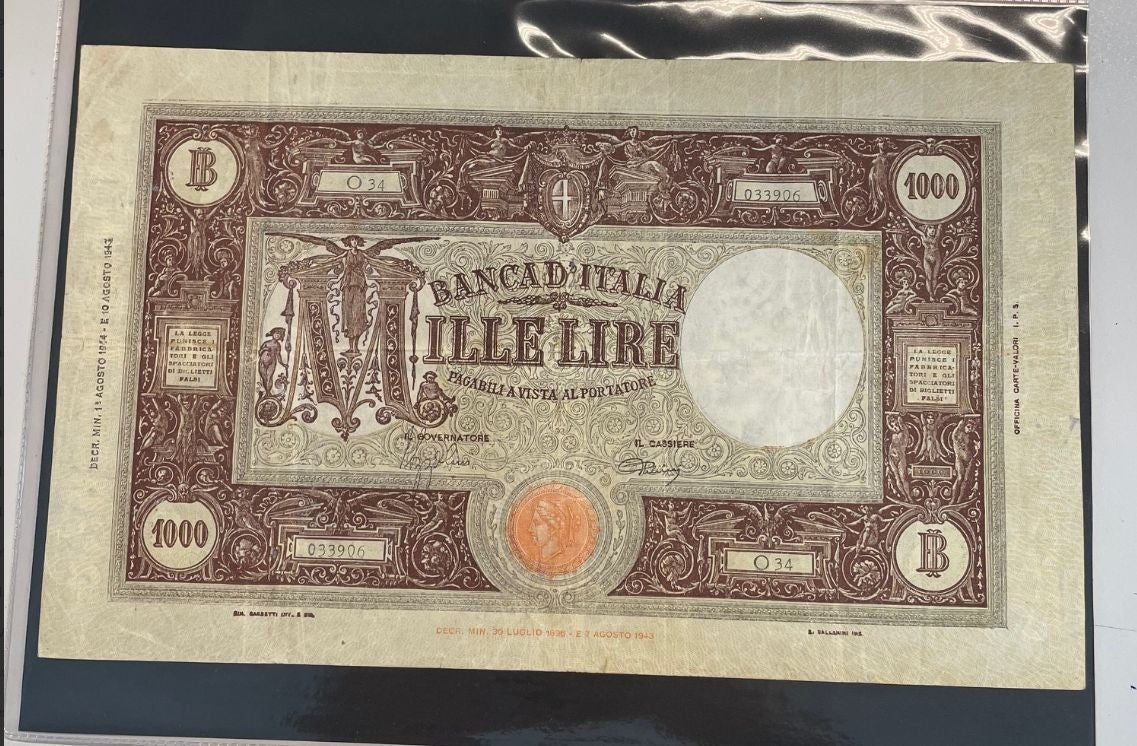NL* BANCA D'ITALIA Banconota 1000 LIRE BARBETTI M GRANDE 1 Agosto 1944 O34