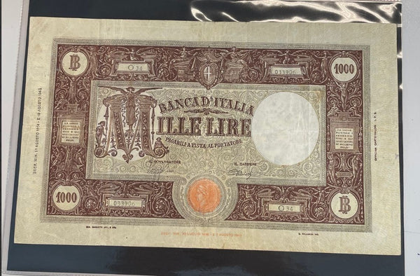 NL* BANCA D'ITALIA Banconota 1000 LIRE BARBETTI M GRANDE 1 Agosto 1944 O34