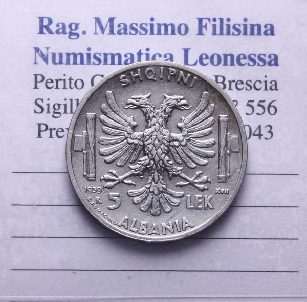 NL* VEIII ALBANIA 5 LEK Argento 1939 XVII come da foto