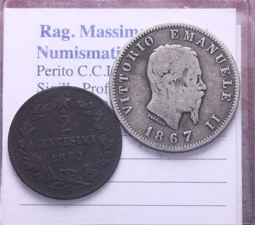 NL* VITTORIO EMANUELE II 1 Lira ARGENTO 1867 Milano e 2 Centesimi 1862 NAPOLI