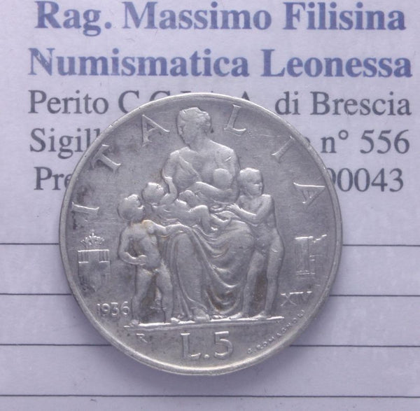 NL* VEIII 5 LIRE ARGENTO FECONDITA' 1936 XIV Eccellente conservazione