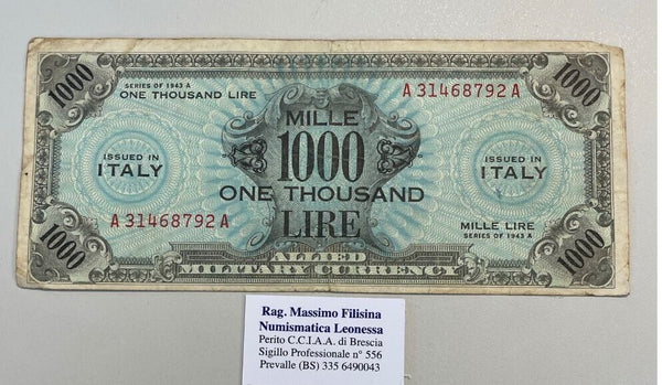 NL* ITALY Banknote MILITARY OCCUPATION 1000 AM LIRE 1943 A Bilingual *792A
