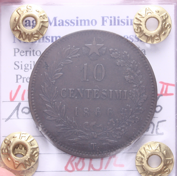 NL* VEII ITALIA 10 CENTESIMI RAME 1866 TORINO BB/SPL Perizia Filisina Massimo