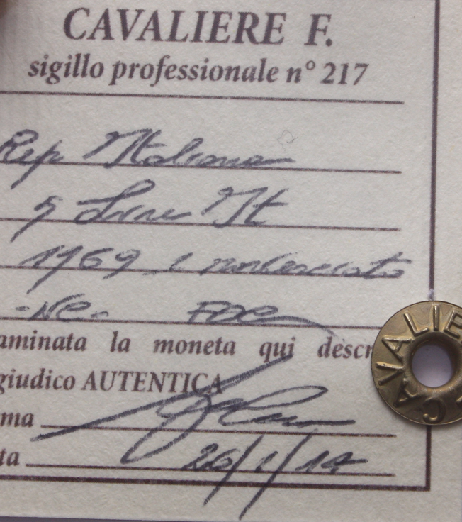 NL* Italia Repubblica 5 LIRE DELFINO 1969 1 ROVESCIATO NC FDC Perizia Cavaliere