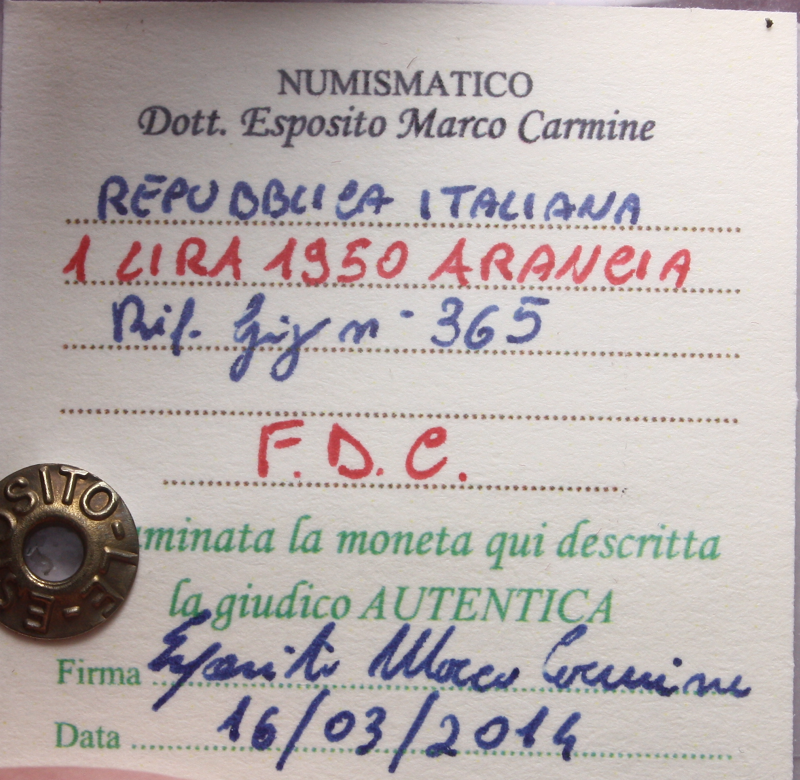 NL* Italia Repubblica 1 LIRA ARANCIA 1950 FDC Perizia Esposito Marco