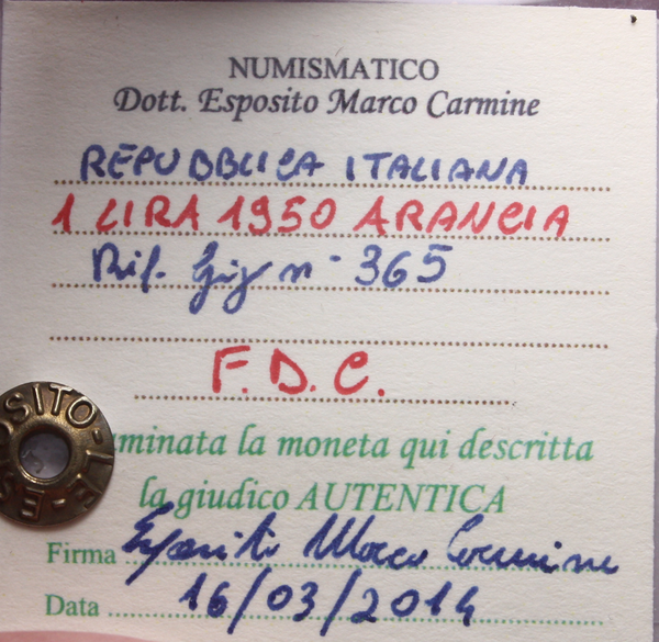NL* Italia Repubblica 1 LIRA ARANCIA 1950 FDC Perizia Esposito Marco