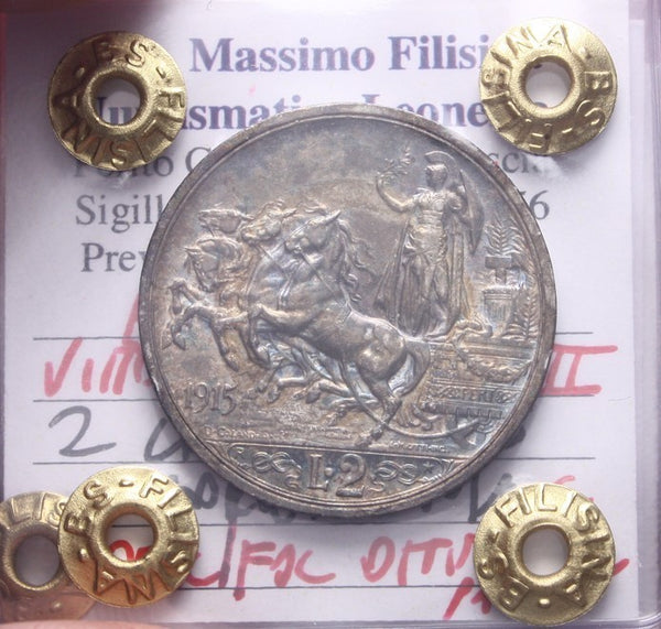 NL* VEIII Italia 2 LIRE ARGENTO 1915 QUADRIGA BRIOSA QFDC/FDC Perizia Filisina