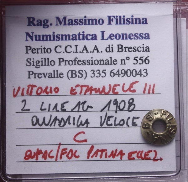 NL* VEIII 2 LIRE ARGENTO 1908 QUADRIGA VELOCE QFDC/FDC Perizia Filisina Massimo