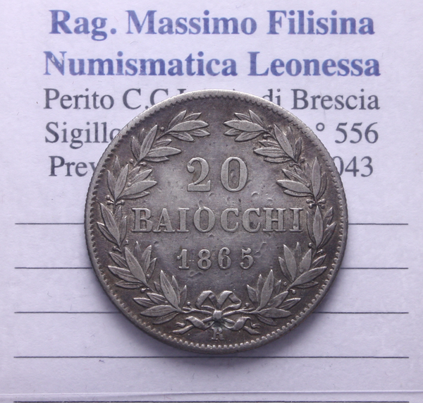 NL* STATO PONTIFICIO PAPA PIO IX 20 BAIOCCHI Argento 1865 XIX ottima conservaz.