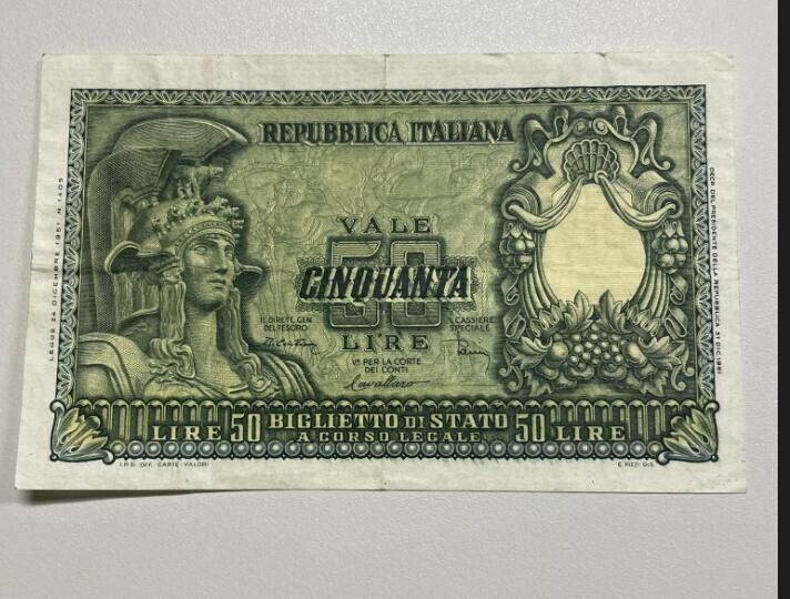 NL* ITALY STATE NOTE 50 LIRE HELMETED HEAD 1951 very good condition