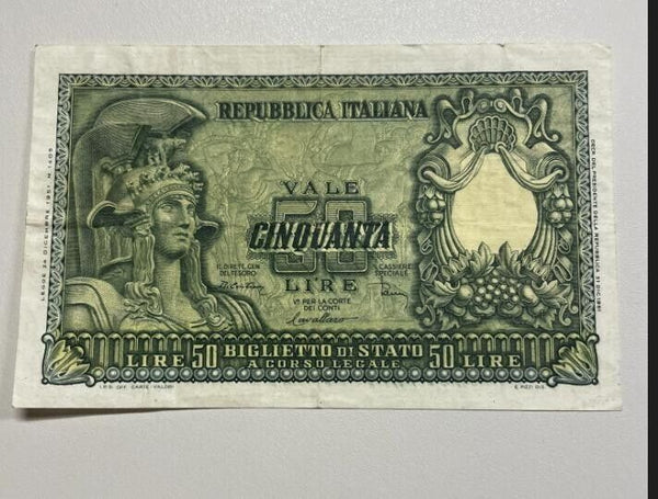NL* ITALY STATE NOTE 50 LIRE HELMETED HEAD 1951 very good condition