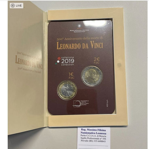 NL* ITALIA Repubblica Dittico 1 e 2 euro 2019 LEONARDO DA VINCI FDC Set Zecca