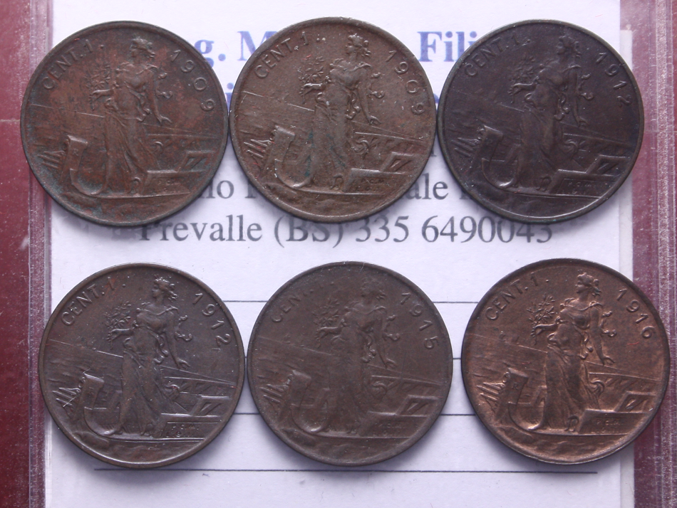 NL* VEIII Lotto 6 pezzi 1 CENTESIMO 1909 09 12 12 15 16 PRORA come da foto