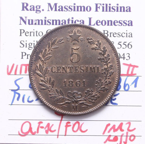 NL* VEII 5 CENTESIMI COPPER 1861 MILAN Q.UNC/UNC Part. Red Filisina Report