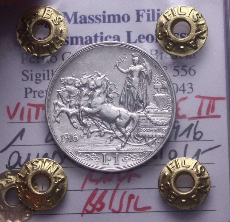 NL* VEIII 1 LIRA ARGENTO 1916 QUADRIOGA BRIOSA RARA BB/SPL Perizia Filisina