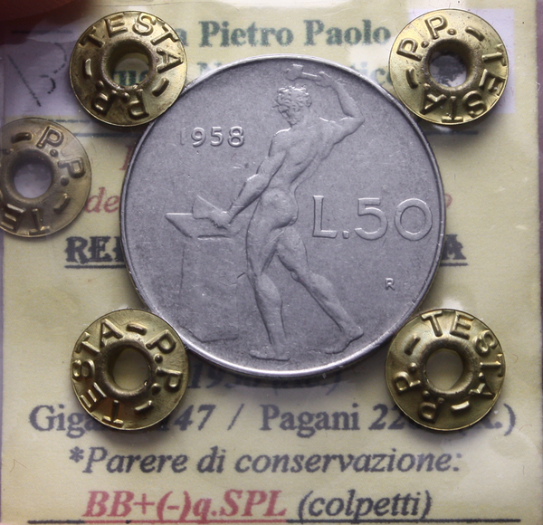 NL* Italia Repubblica 50 LIRE VULCANO 1958 RARA BB+/qSPL colpetti Perizia Testa