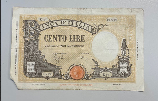NL* BANCA D'ITALIA Banconota 100 LIRE B GRANDE 9 DICEMBRE 1942 K 10