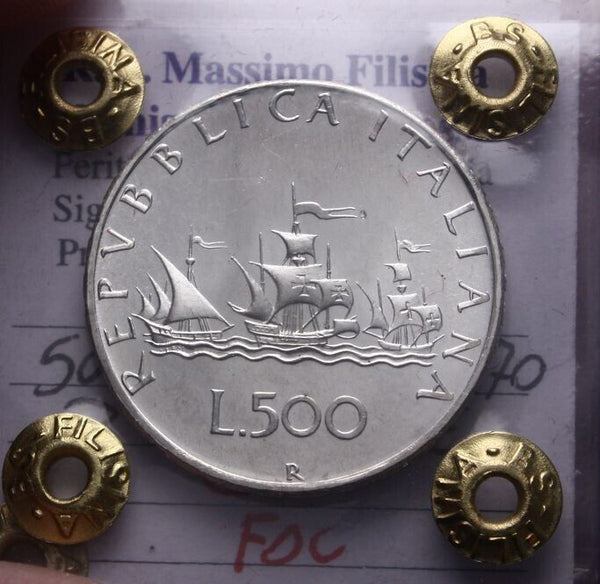 NL* ITALY 500 Lire Silver 3 Caravels 1970 UNCIRCULATED FDC Filisina Grading