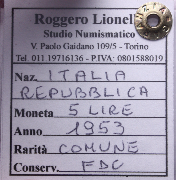 NL* Italia Repubblica 5 LIRE DELFINO 1953 FDC Sigillo Roggero Lionello