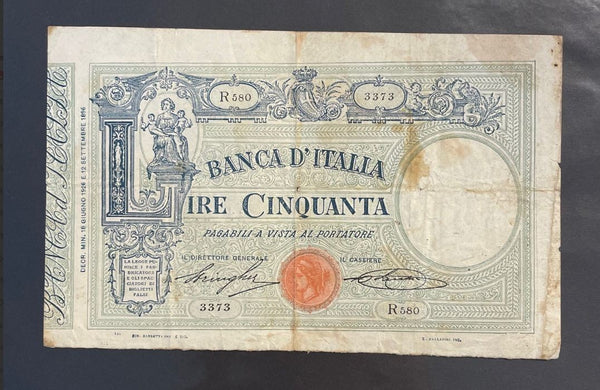 NL*BANCA ITALIA Banconota 50 LIRE L Grande MATRICE Decreto del 1926 r580 RARA