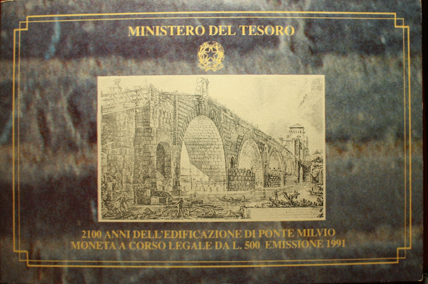 NL* ITALIA 500 Lire Argento 1991 PONTE MILVIO ROMA FDC SET Originale zecca