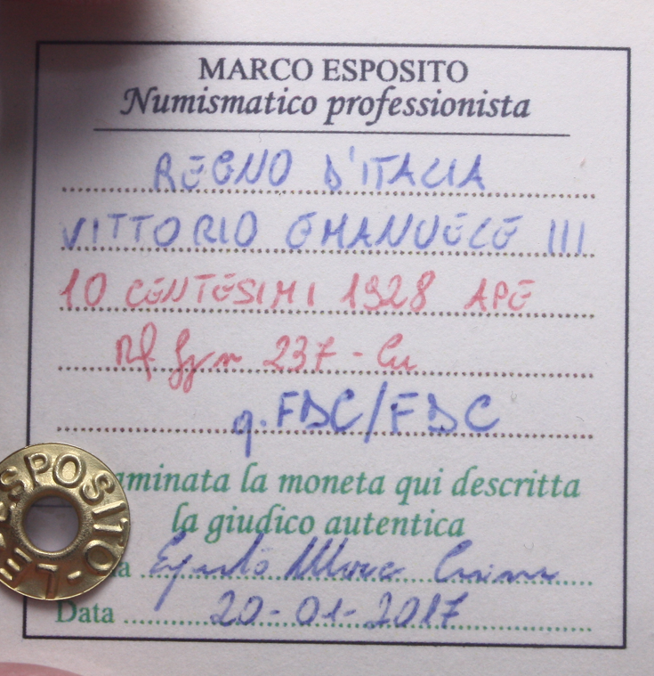 NL* VEIII Italia 10 CENTESIMI APE 1928 qFDC/FDC Perizia Esposito Marco