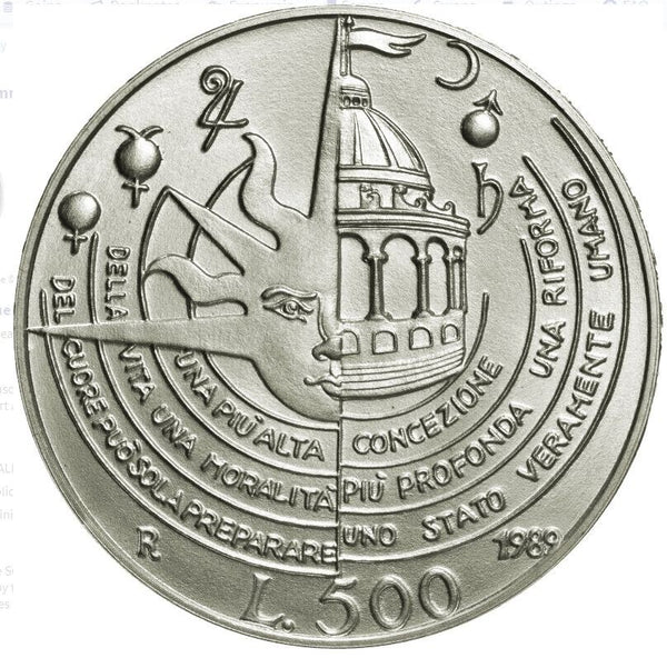 NL* Italia REPUBBLICA 500 LIRE ARGENTO 1989 TOMMASO CAMPANELLA FDC con lustro