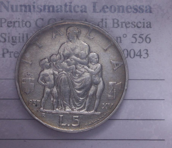 NL* VEIII 5 LIRE ARGENTO FECONDITA' 1937 XV RARA Eccellente conservazione * 3