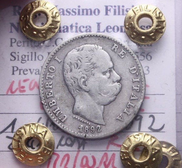 NL* UMBERTO I 1 Lira ARGENTO 1892 MOLTO RARA R2 MB/QBB Perizia Filisina Massimo