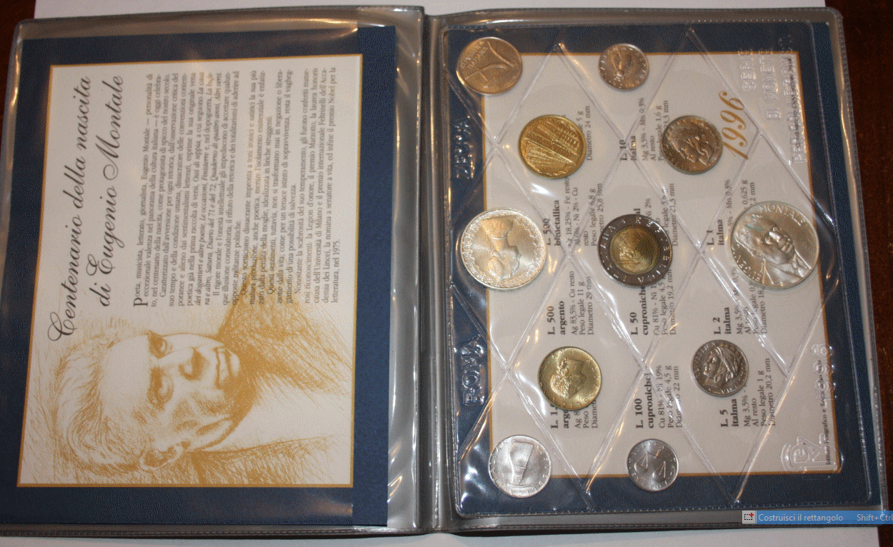 NL* ITALIA Divisionale 1996 E. MONTALE 11 valori con 500 LIRE ARGENTO FDC set