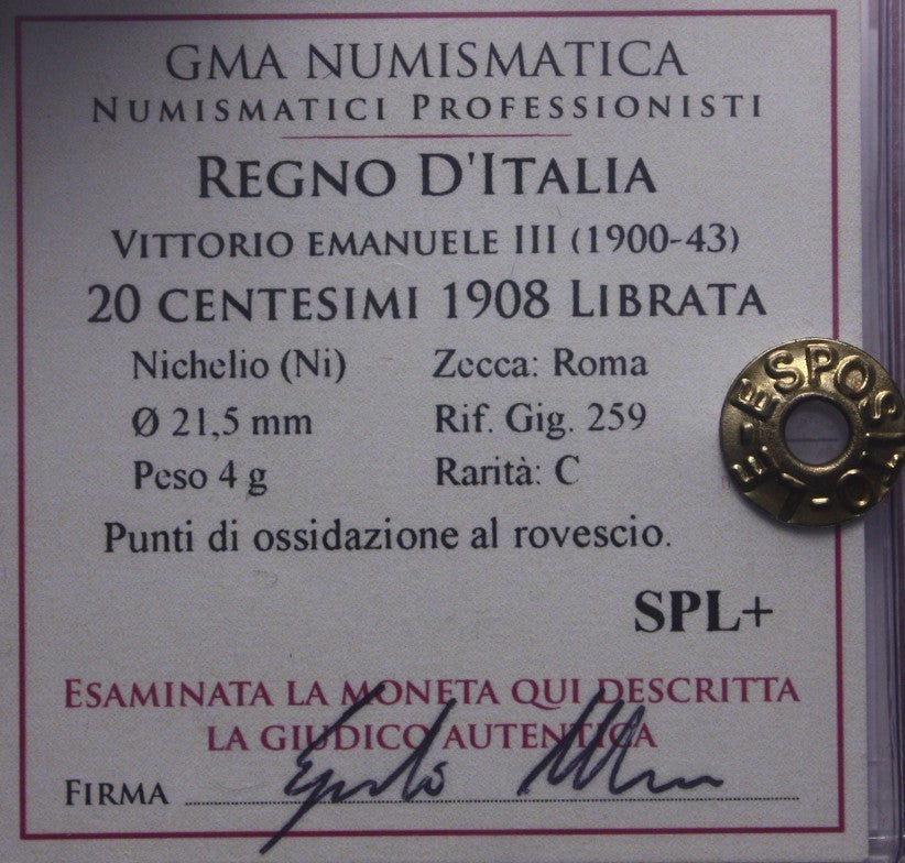 NL* VEIII ITALIA 20 CENTESIMI 1908 DONNA LIBRATA SPL+ Perizia Esposito Marco
