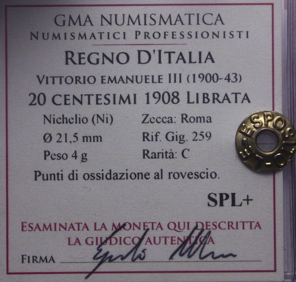 NL* VEIII ITALIA 20 CENTESIMI 1908 DONNA LIBRATA SPL+ Perizia Esposito Marco