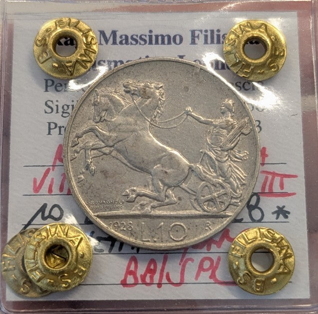 NL* VEIII 10 LIRE Argento BIGA 1928 * 1 rosetta RARO BB/SPL Perizia Filisina M.
