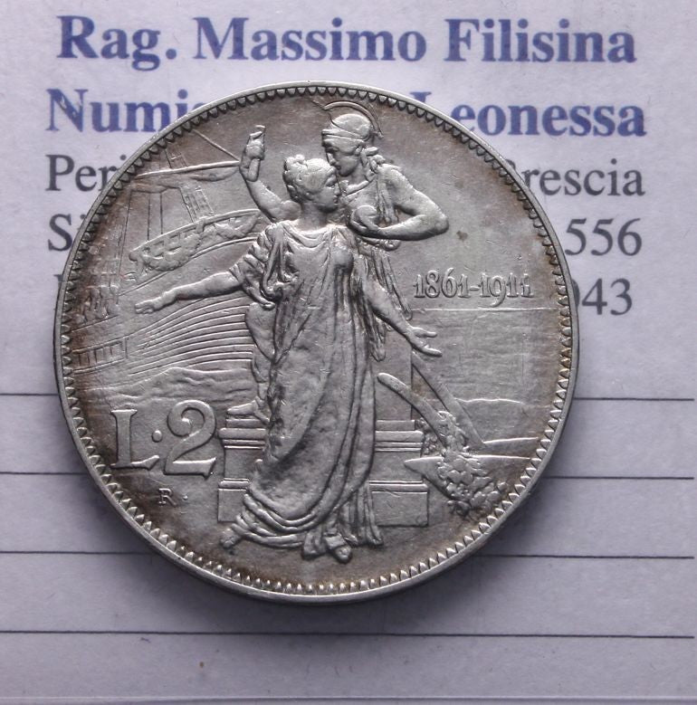 NL* VEIII RE D'ITALIA 2 Lire ARGENTO 1911 CINQUANTENARIO ottima conservazione *