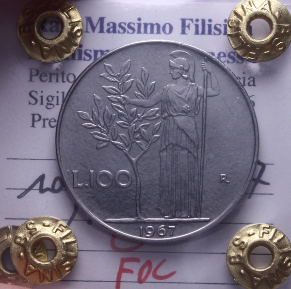 NL* Italia Repubblica 100 LIRE MINERVA 1967 FDC Perizia Filisina Massimo