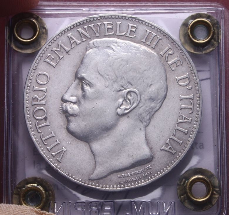 NL* VEIII 5 Lire ARGENTO 1911 CINQUANTENARIO RARA SPL+ Perizia Erpini GianFranco