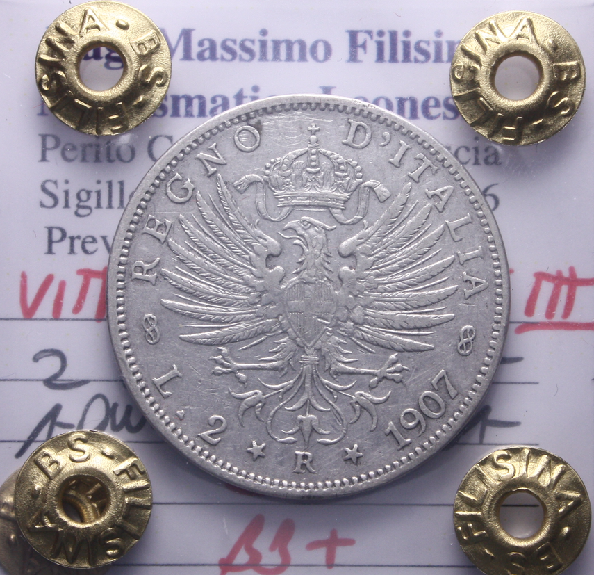 NL* VEIII 2 LIRE ARGENTO AQUILA SABAUDA 1907 BB+ Perizia Filisina Massimo