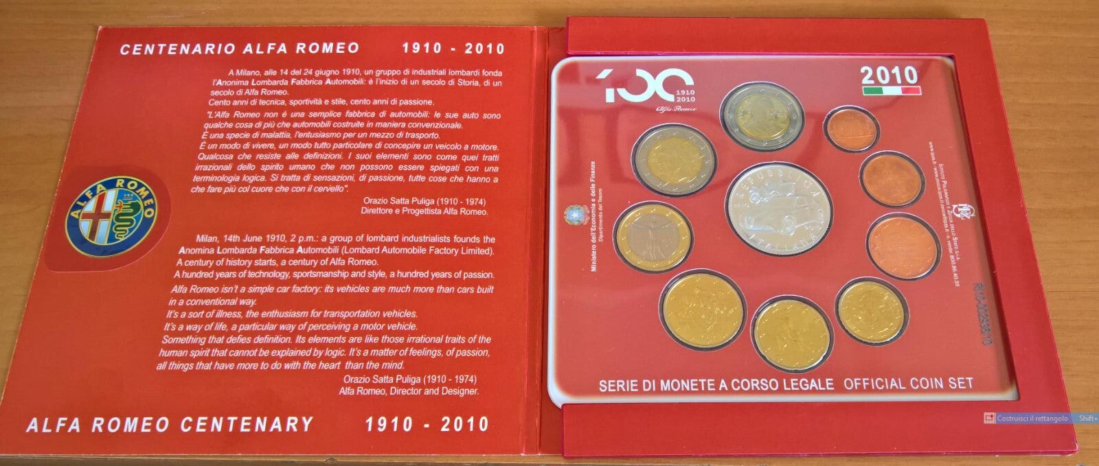 NL* ITALIA Divisionale 2010 9 Valori + 5 Euro Argento ALFA ROMEO FDC SET Zecca
