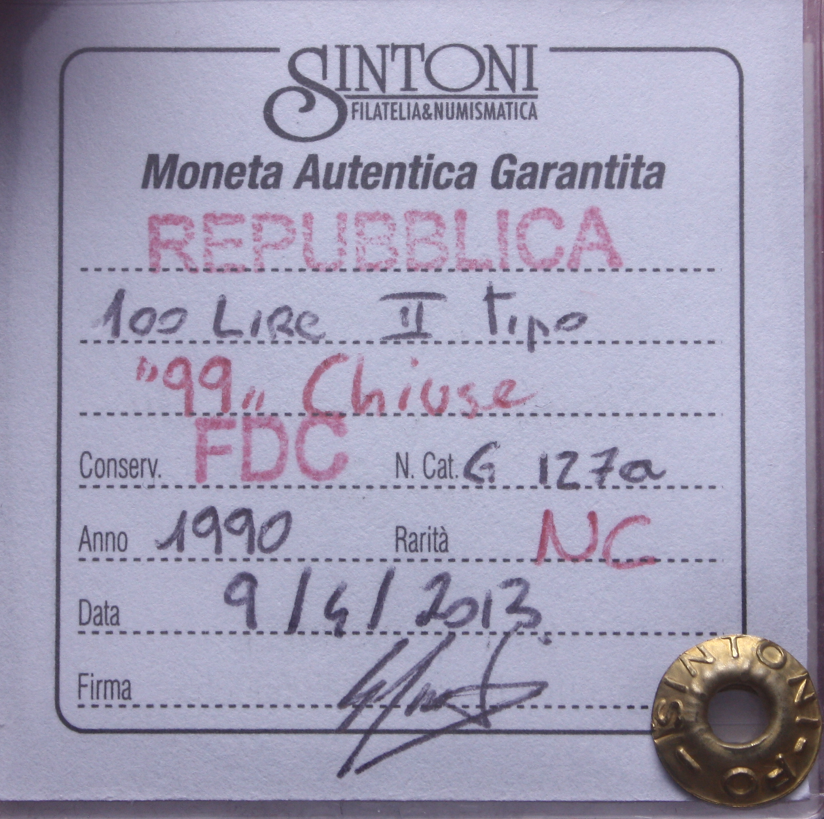 NL* ITALIA Repubblica 100 LIRE MINERVA 1990 "99" chiuse NC FDC Perizia Sintoni