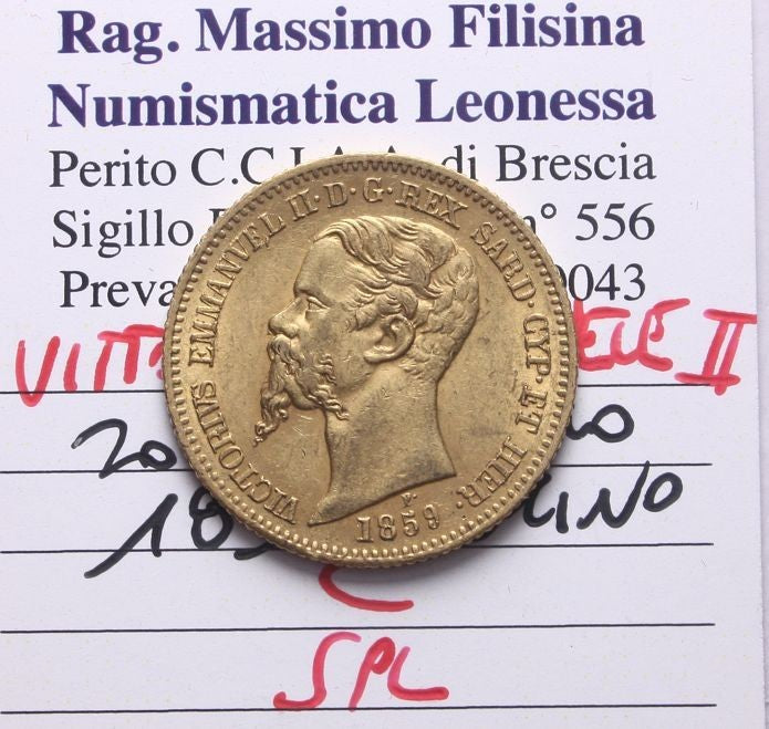 NL* SAVOIA VITTORIO EMANUELE II 20 Lire ORO  1859 TORINO SPL Perizia Filisina M.